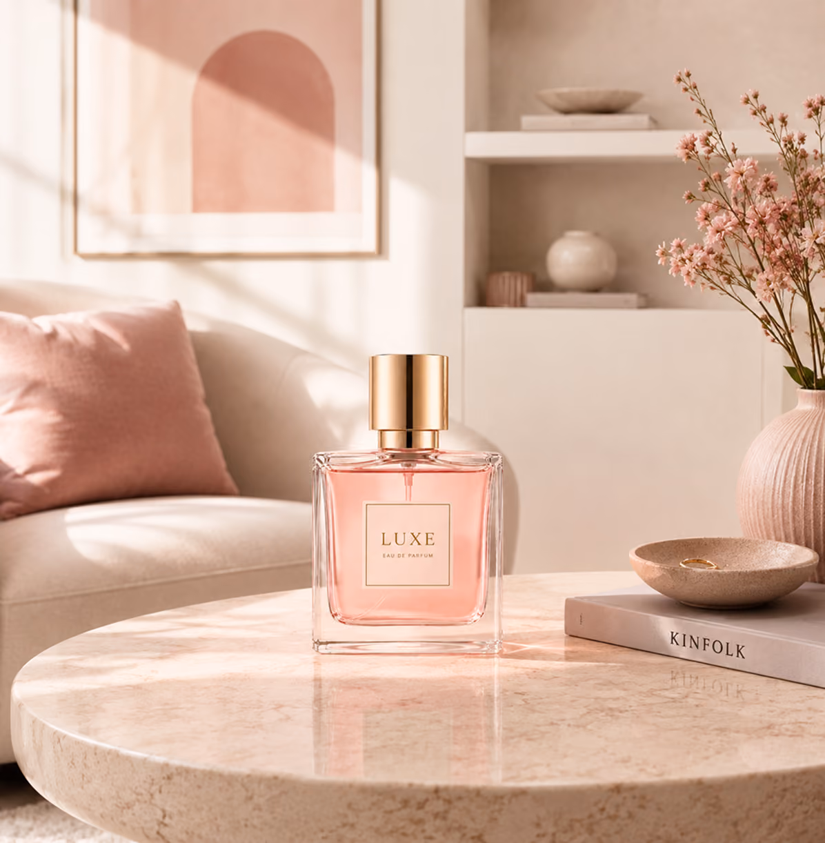 Square pink perfume bottle labeled Luxe on marble table with pink pillow and flowers in background.