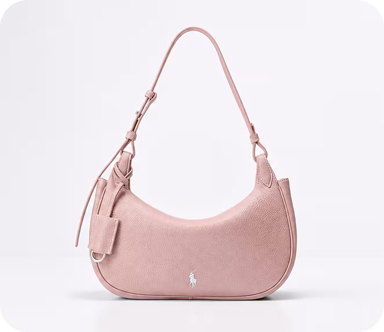 Light pink leather shoulder bag with a curved shape and Polo Ralph Lauren logo on the front.
