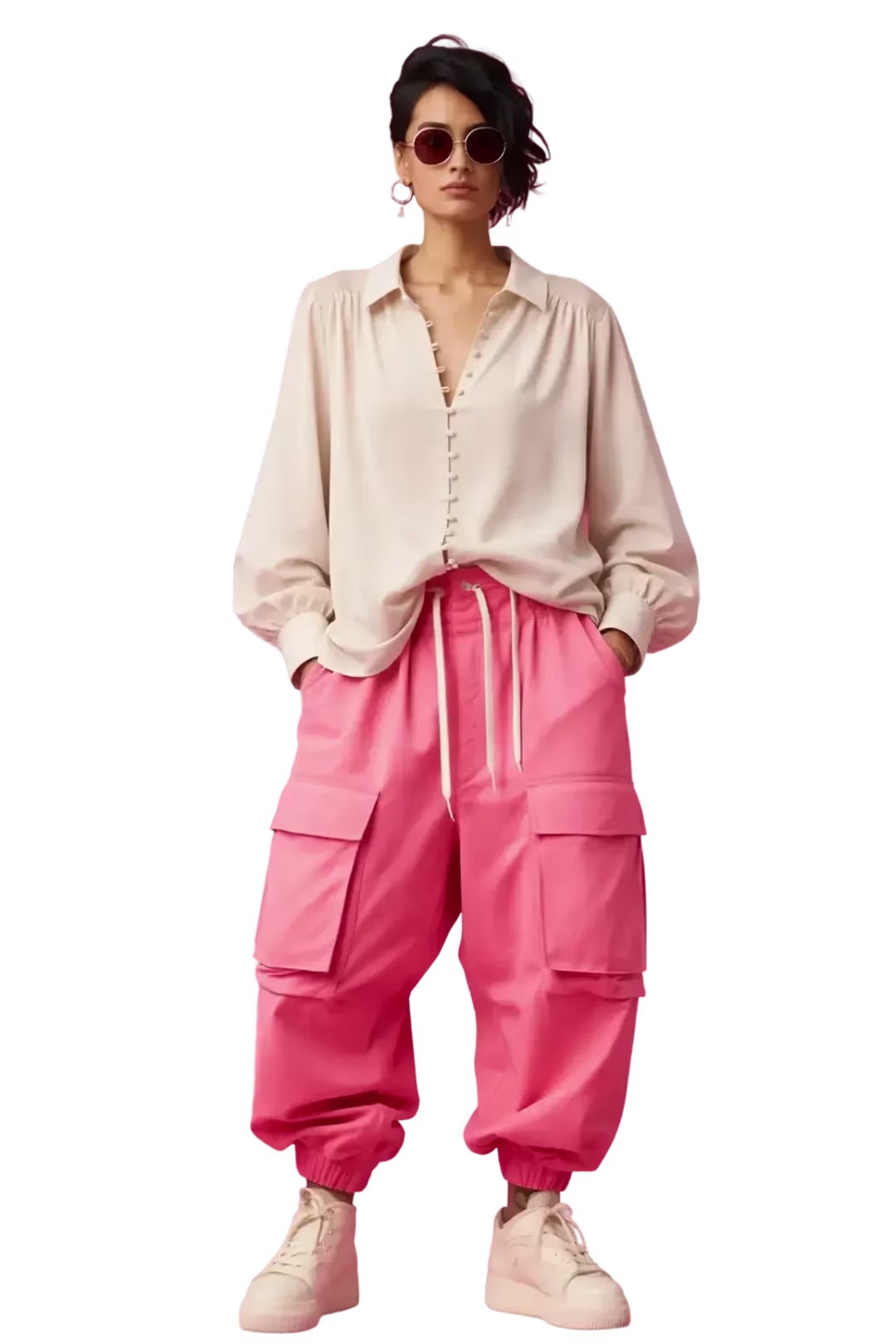 AI fashion model wearing a cream button-up blouse with pink cargo pants and sneakers.