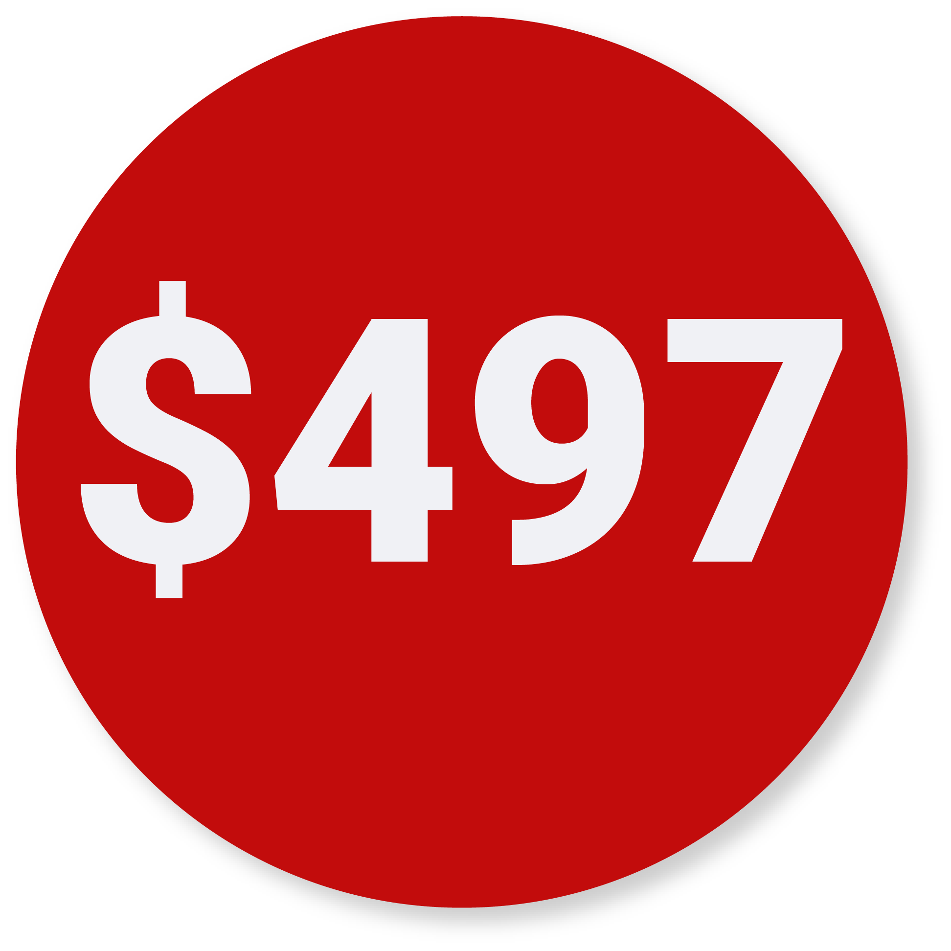 White text displaying the price $497 inside a red circular badge.