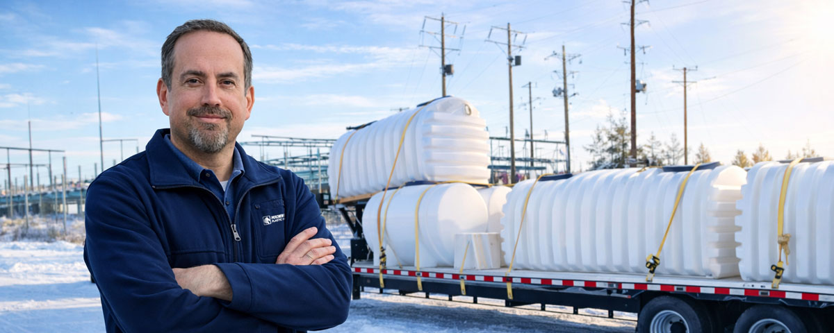 Industrial poly liquid storage tanks on transport trailer, facility staff shown in foreground
