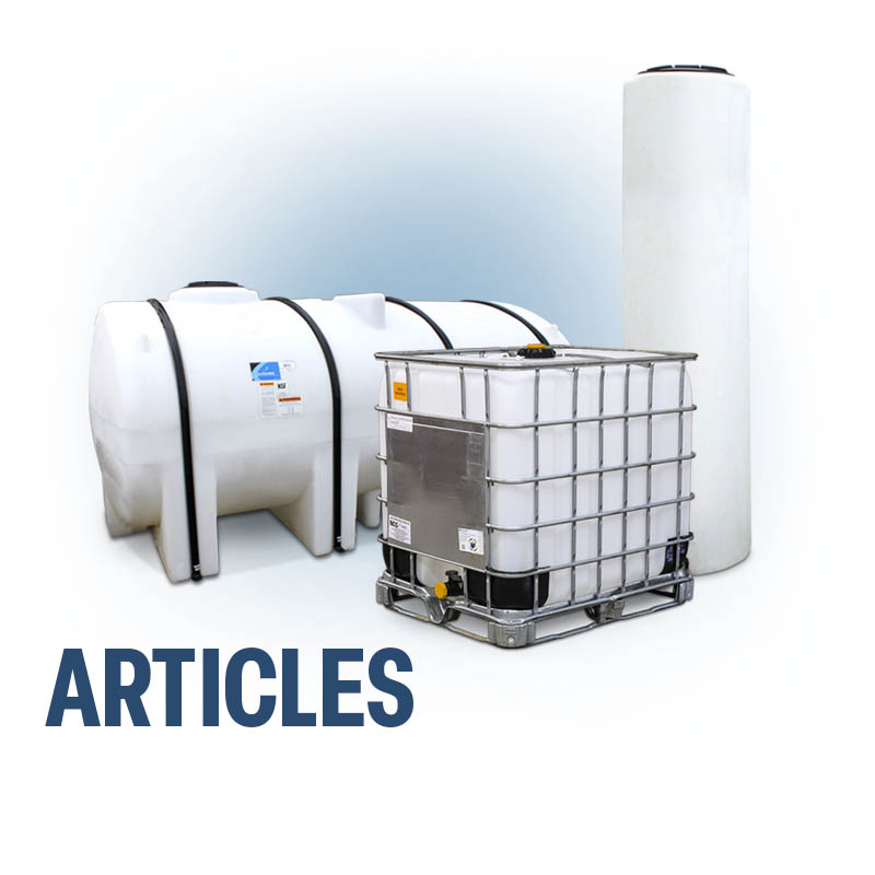 A large capacity horizontal polyethylene tank with an intermediate bulk container and a narrow vertical polyethylene tank