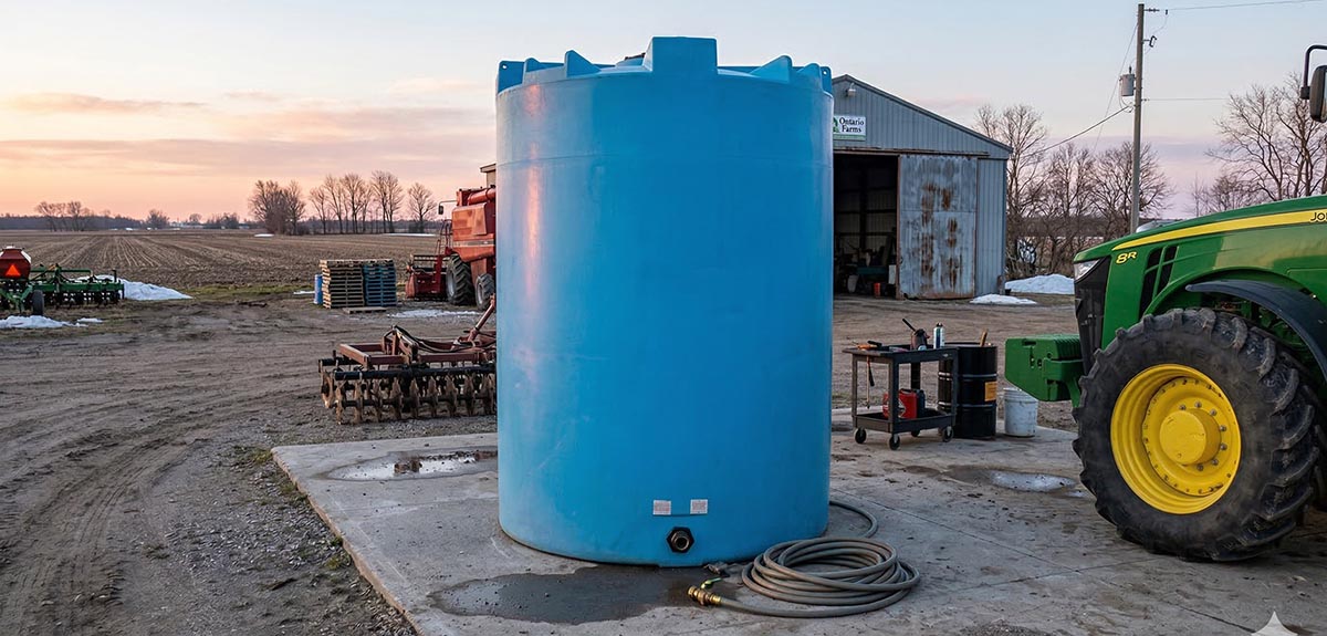 Large rotomolded plastic vertical storage tank installed on a concrete pad at a farm, with tractor and agricultural equipment nearby