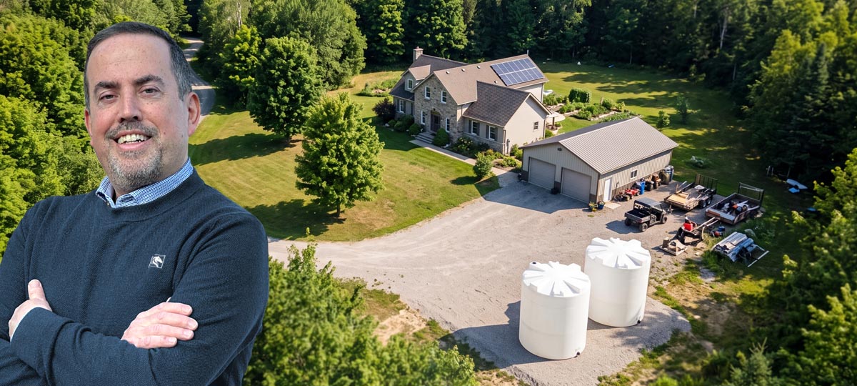 Percheron Plastic owner Matt Tanguay with an aerial view of a rural property and polyethylene storage tanks