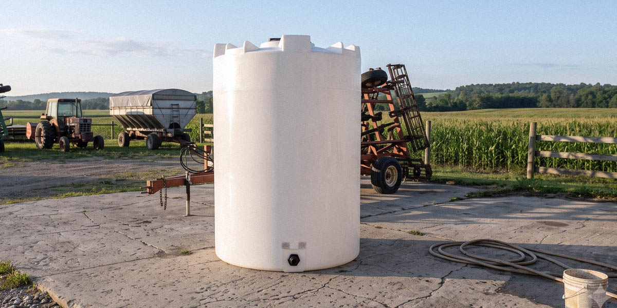 White vertical polyethylene storage tank on a concrete apron beside farm equipment and a cornfield