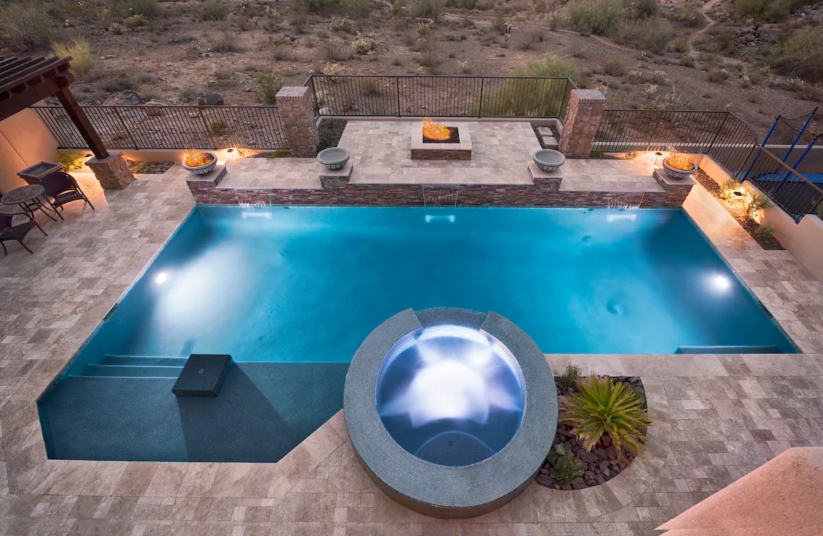 Aerial view of custom pool and spa