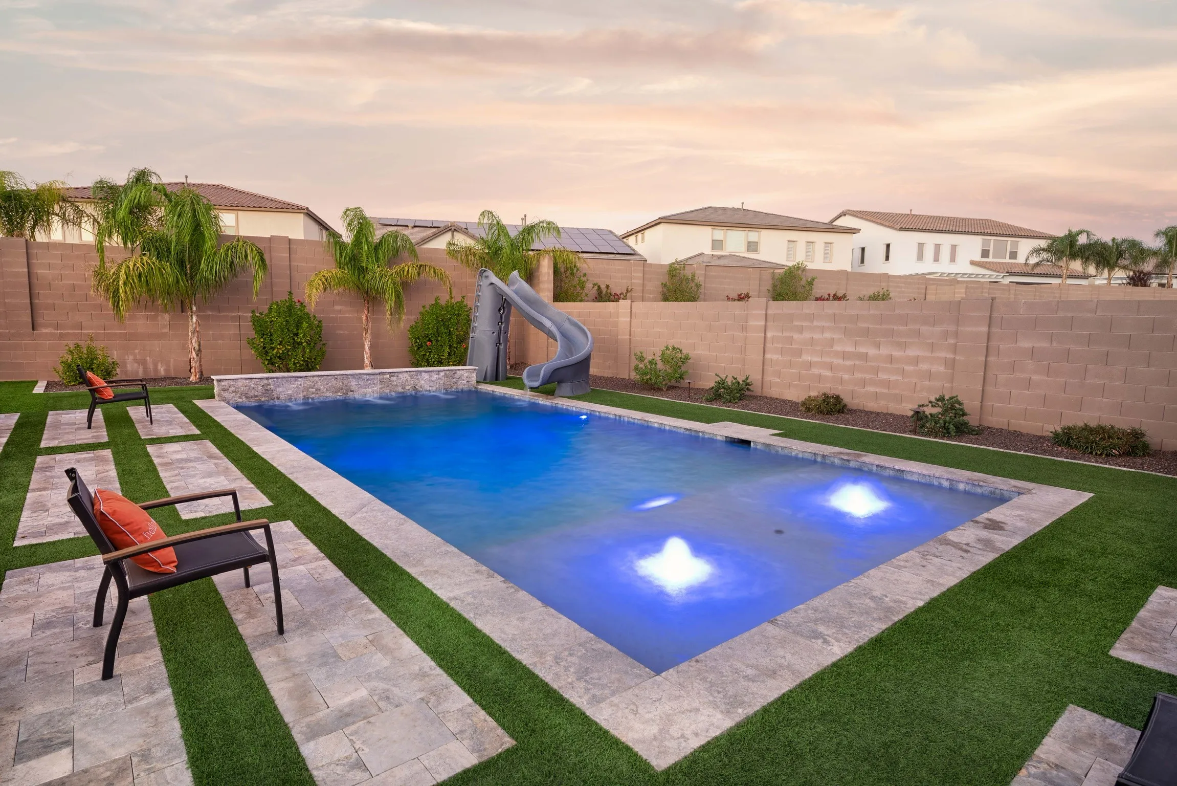 Custom rectangular pool with waterslide