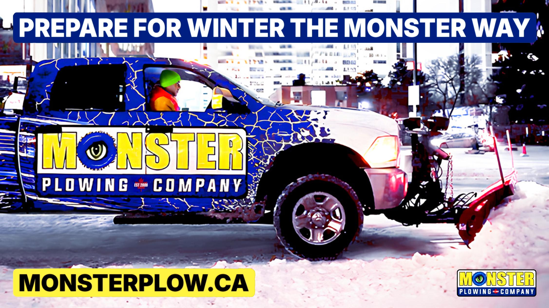 Monster Plowing Company crew preparing equipment and trucks for the winter snow season