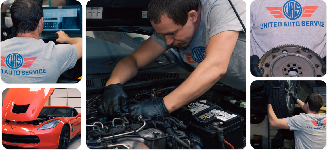 Mechanic wearing a United Auto Service shirt repairing a car engine, inspecting a vehicle's wheel, holding a car part, and working on a red sports car with its hood open in a garage.