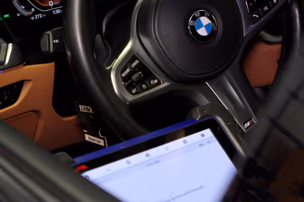 Close-up of a BMW steering wheel and a digital screen inside a car.