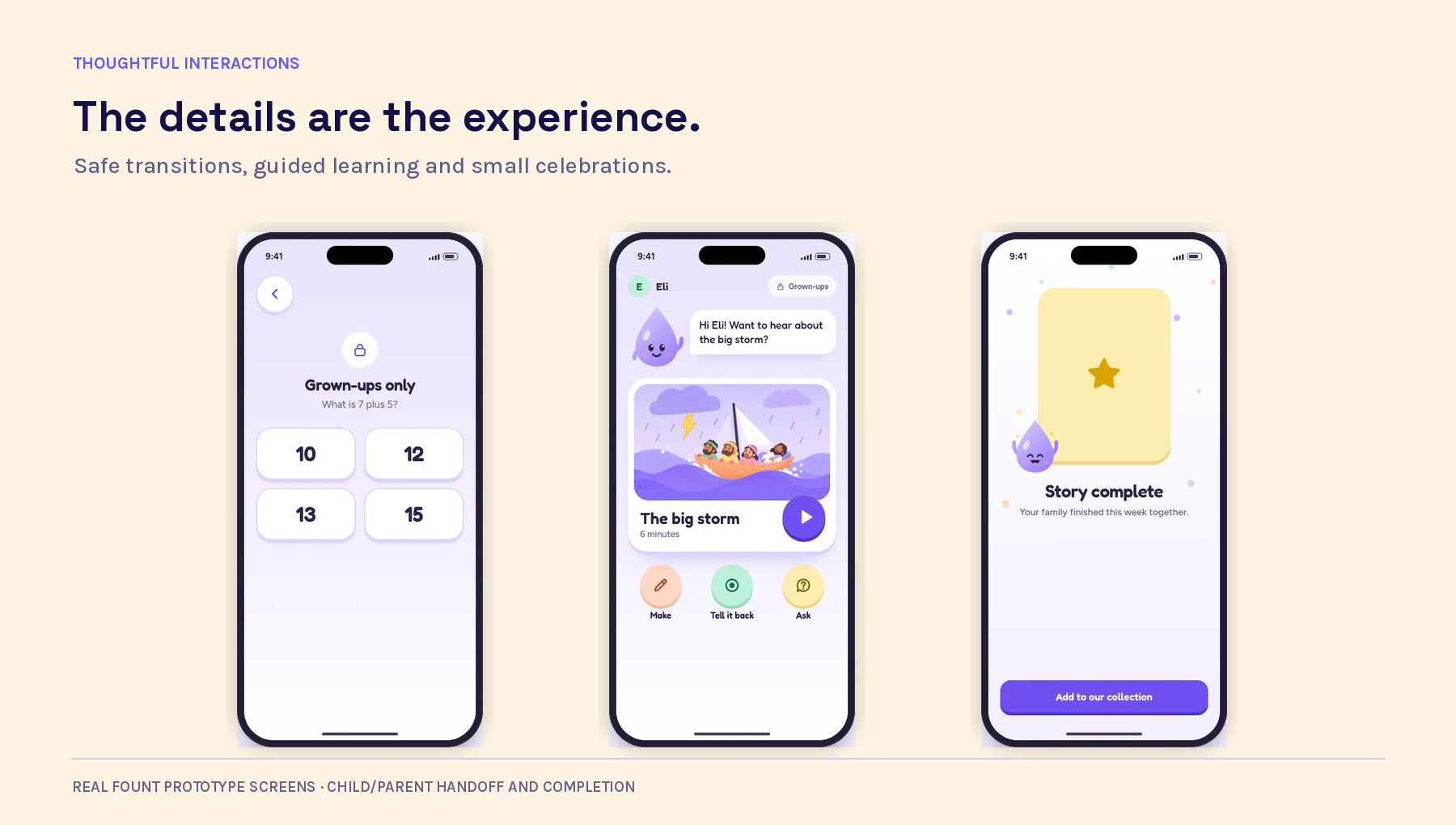 Real FOUNT prototype details: grown-up checks, kid mode and completion