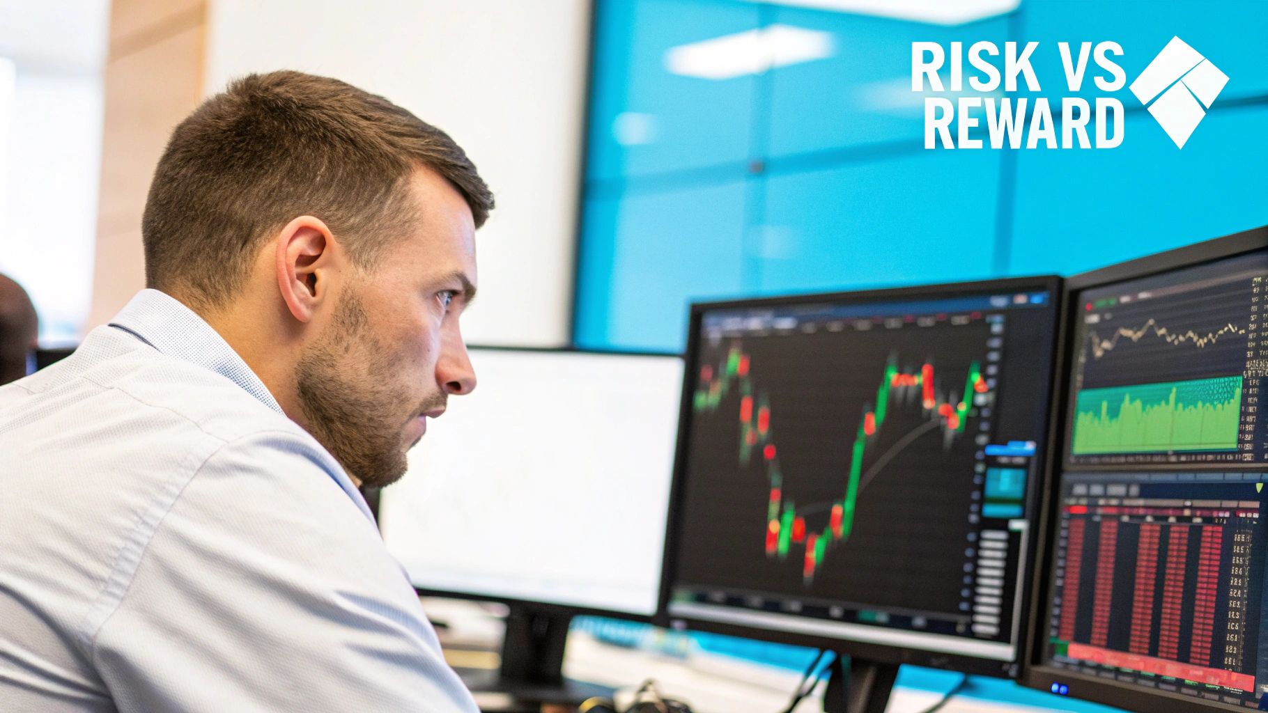 An upward trending stock chart with a calculator and notebook, representing trading analysis and risk management