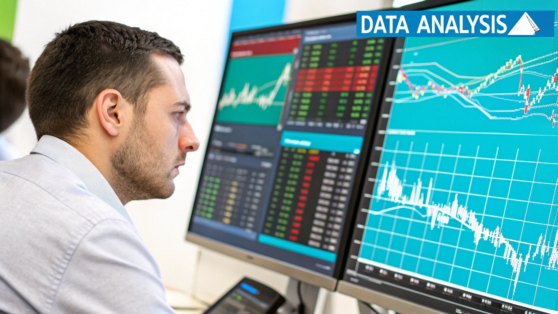 A trader analyzing forex charts with AI-driven overlays on multiple screens.