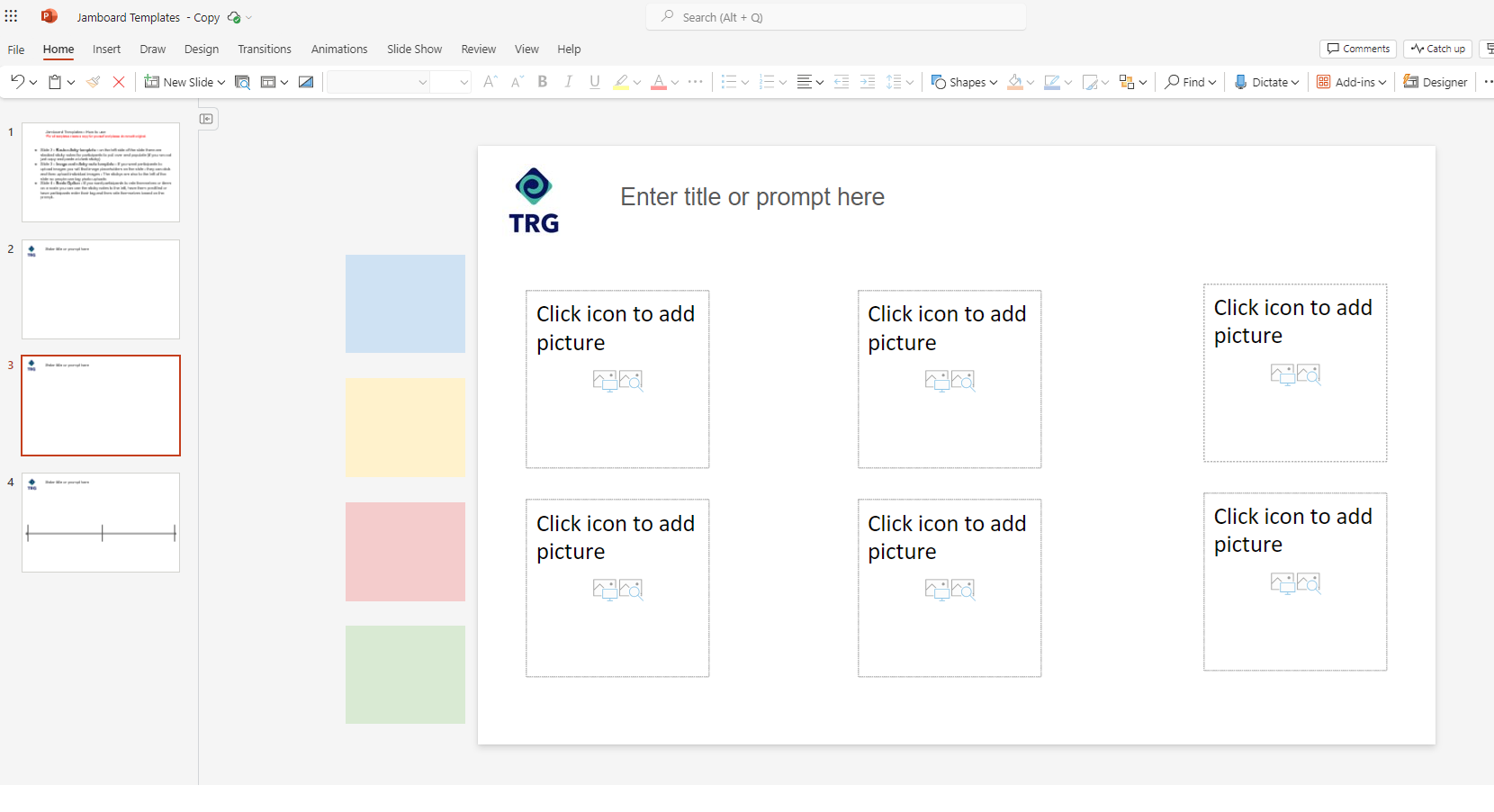 The picture shows a PowerPoint slide designed to look like a Jamboard template. Users can use this template and add their own title and images.