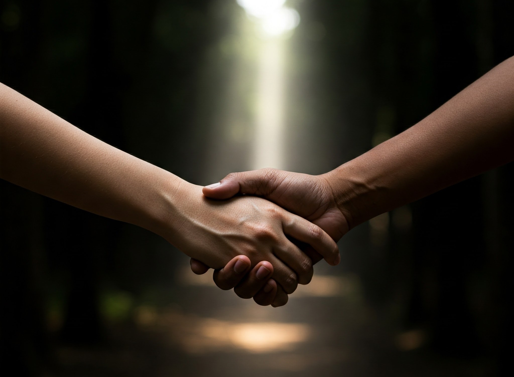 A handshake in a dark foreground with a light in the hazy distance.