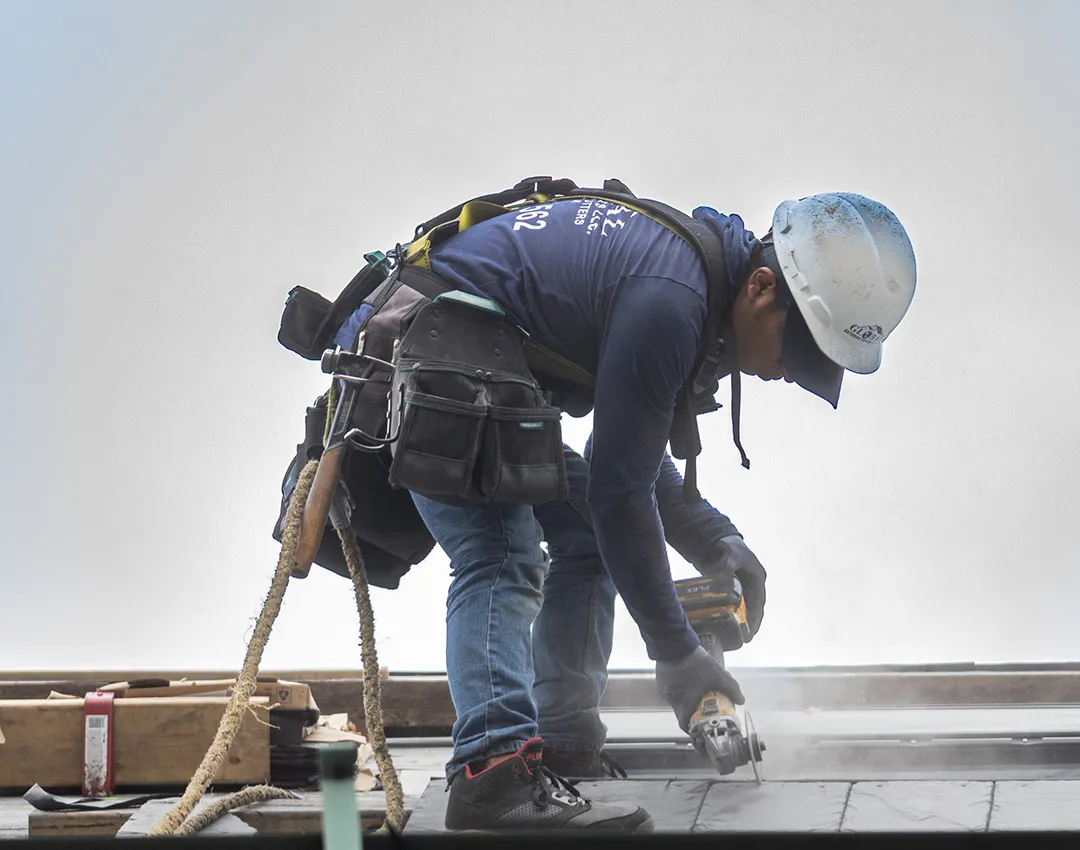 Slate roof cutting process.