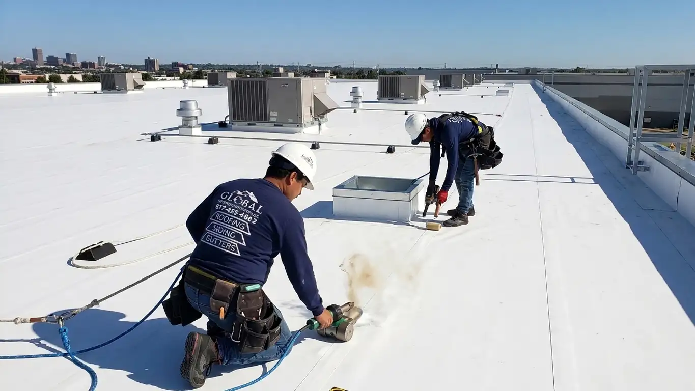 Two roofers in hard hats applying white roofing material on a commercial flat roof with HVAC units.