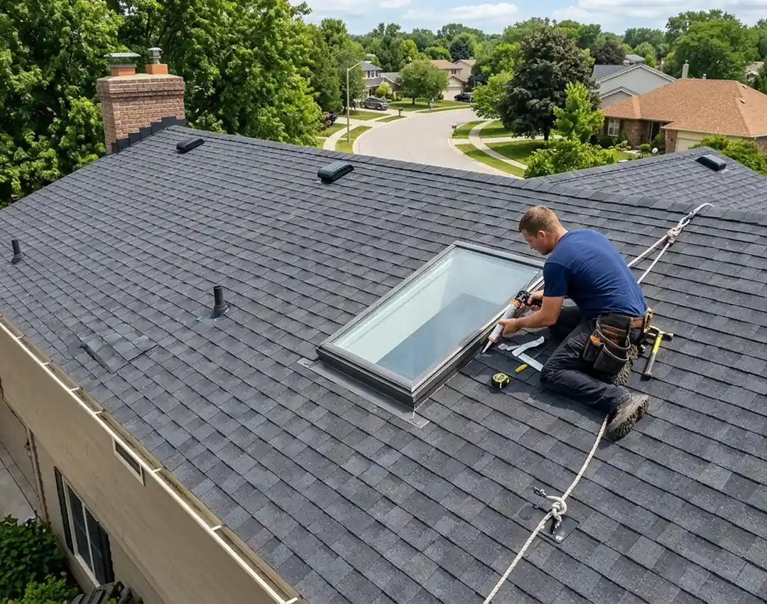 Roofer repairing skylight.