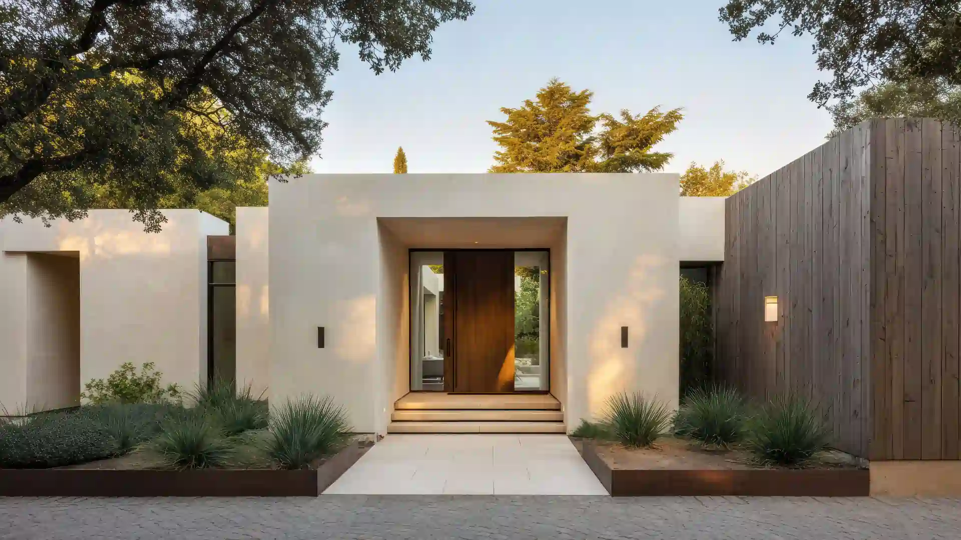 A frontal view of a minimalist stucco sided house, with a small paved path and greenery in the background
