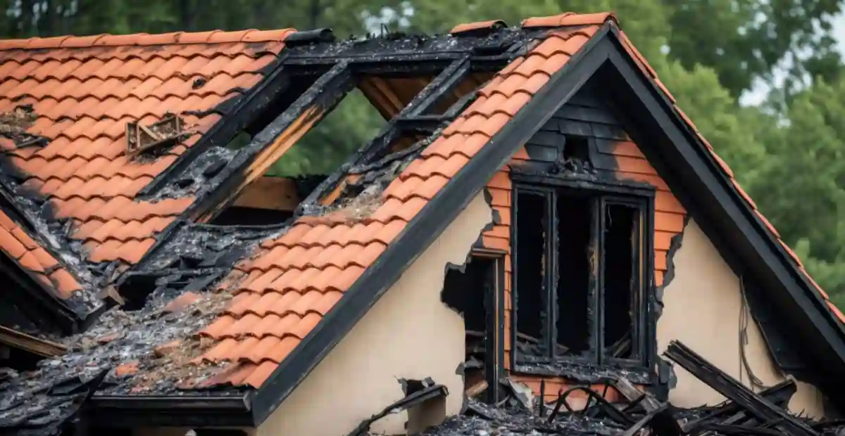 An image that shows a charred, caved in roof