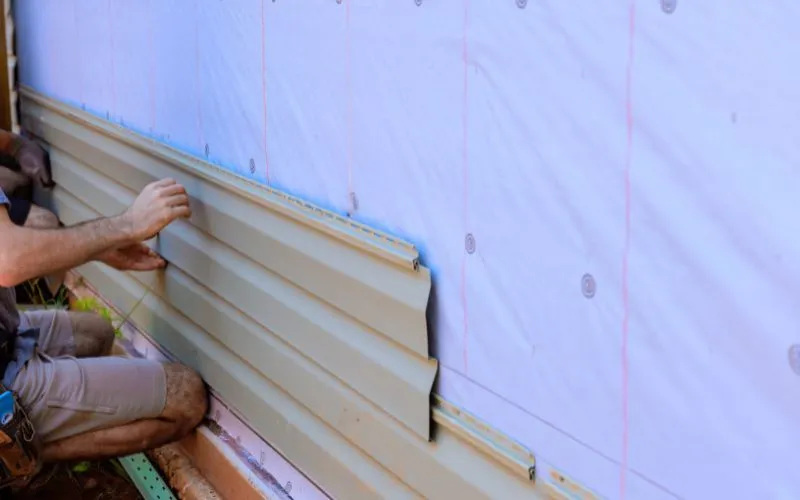 A man wearing shorts working on vinyl siding, with visible white insulation sheets behind the vinyl strips