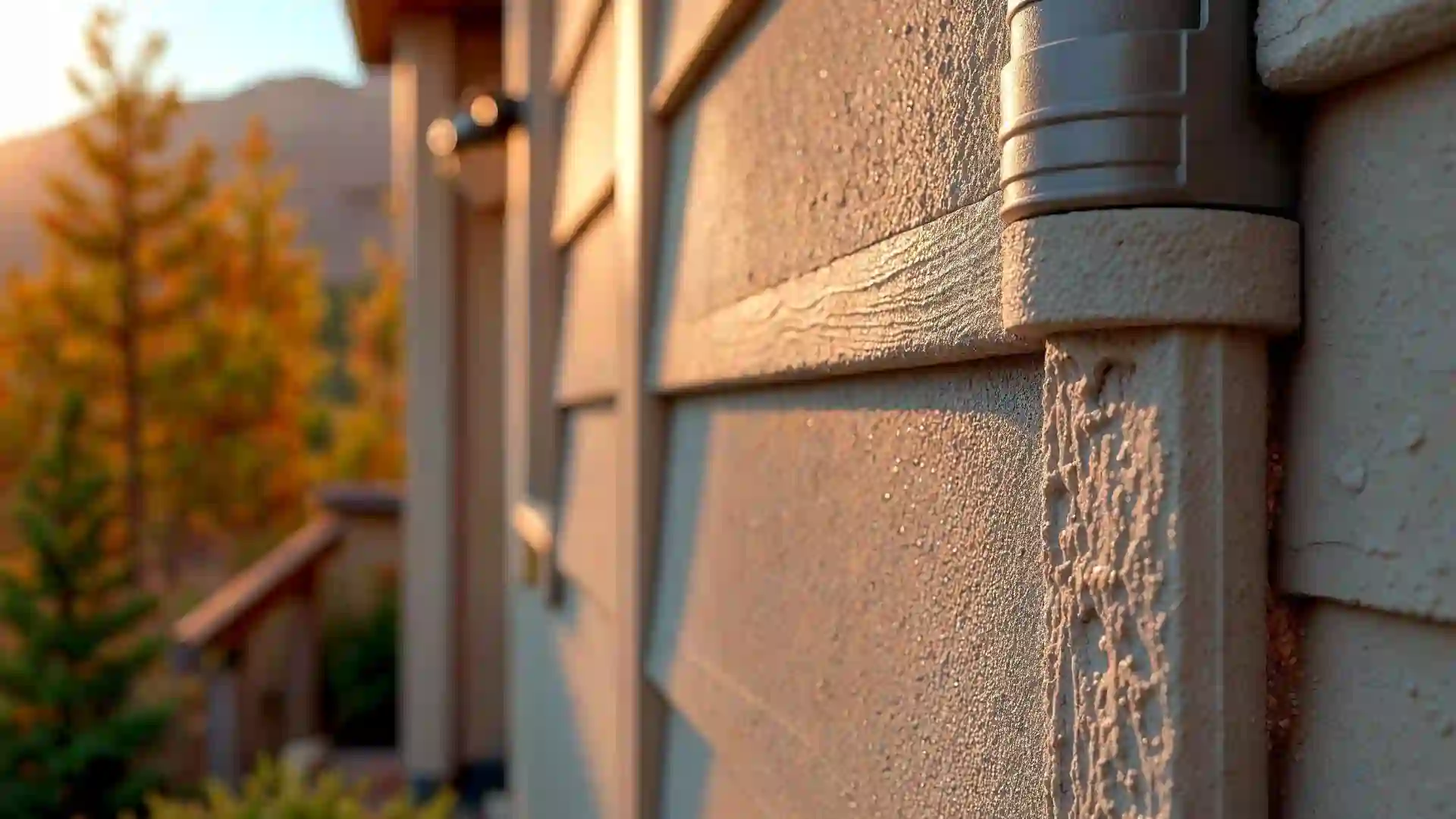 A side vide of a wall with fiber cement siding and lush greenery in the background