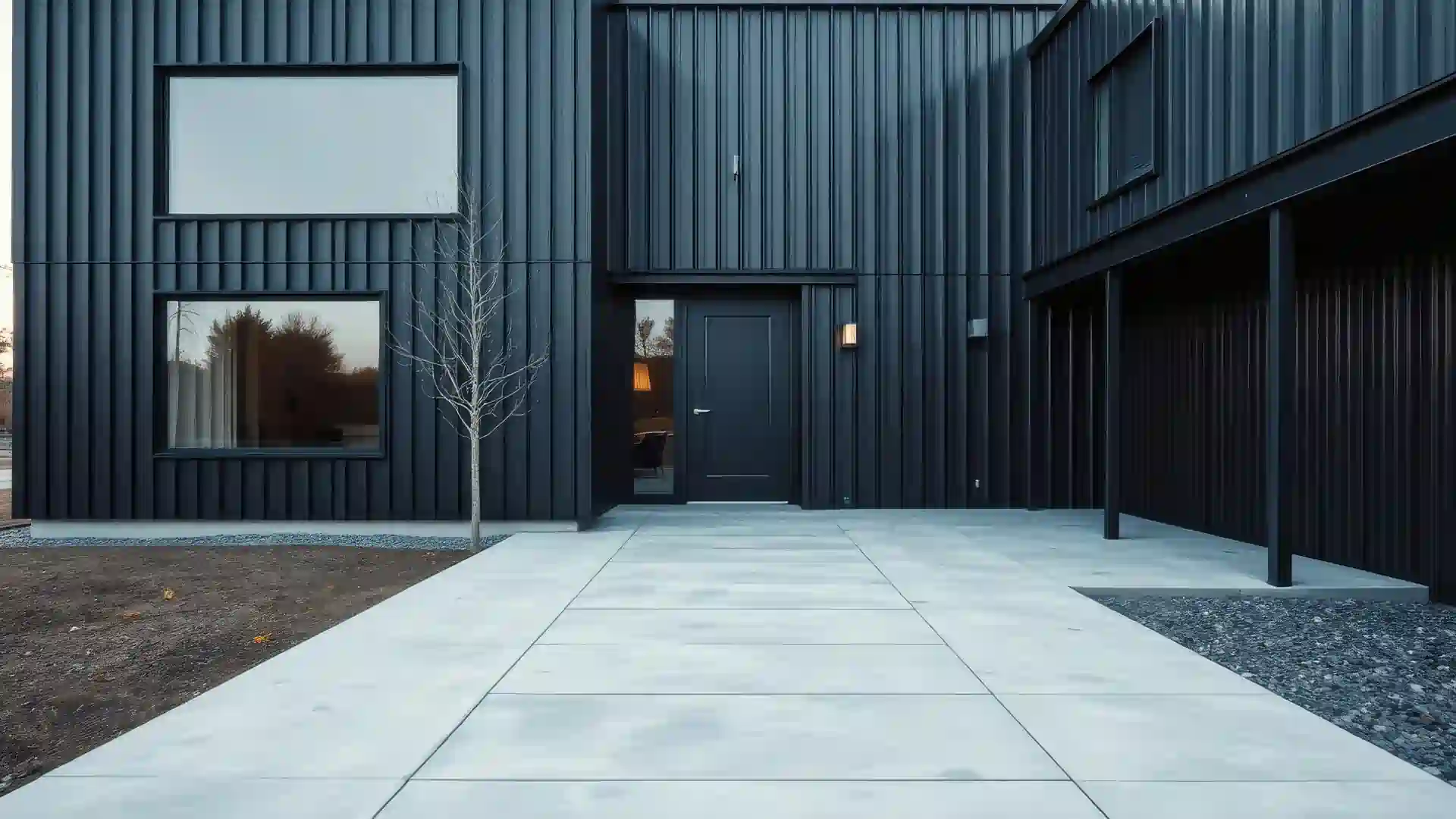 An elegant house with dark metal siding and paved path at the front
