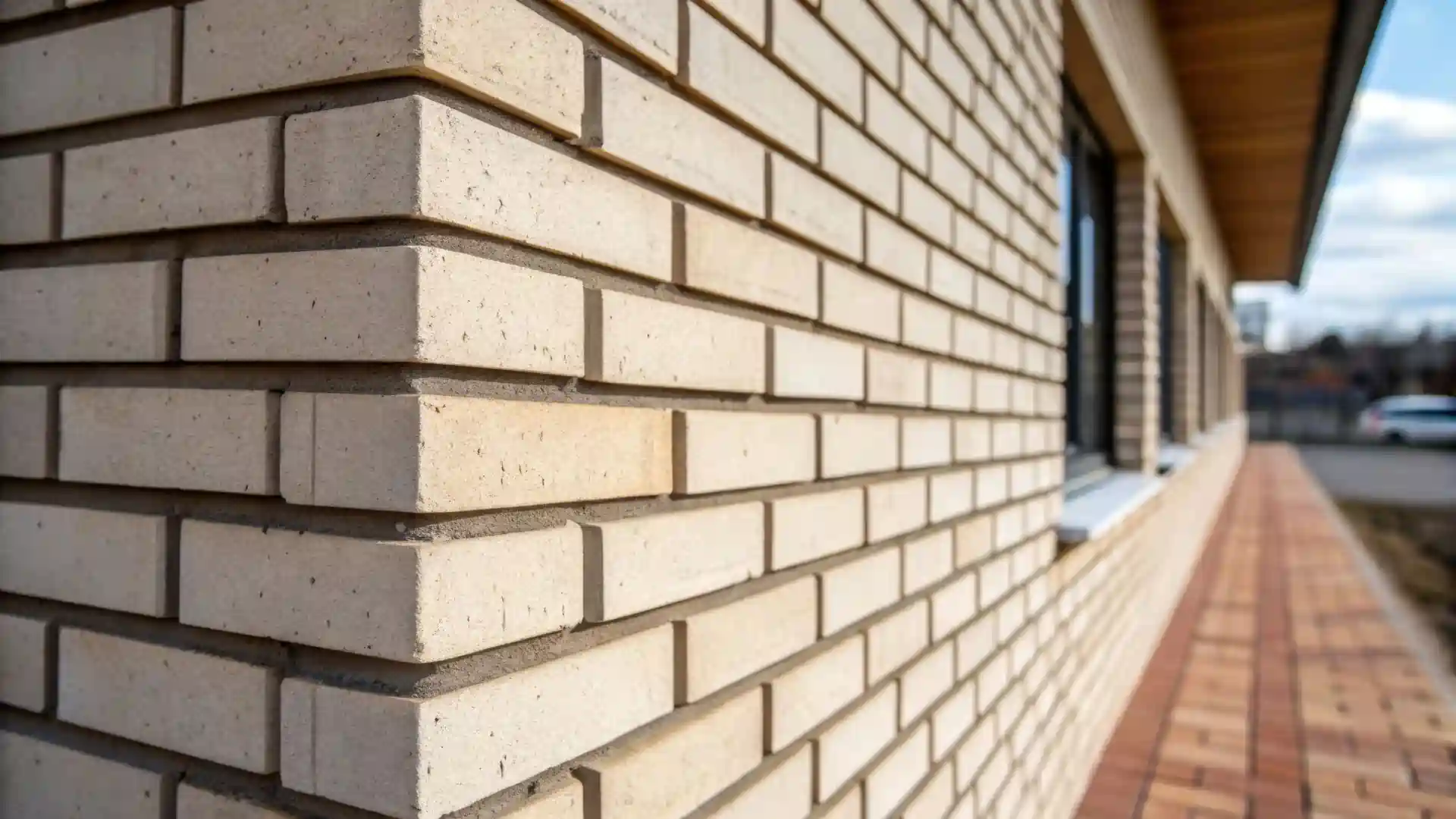 A corner view of a house with brick veneer siding