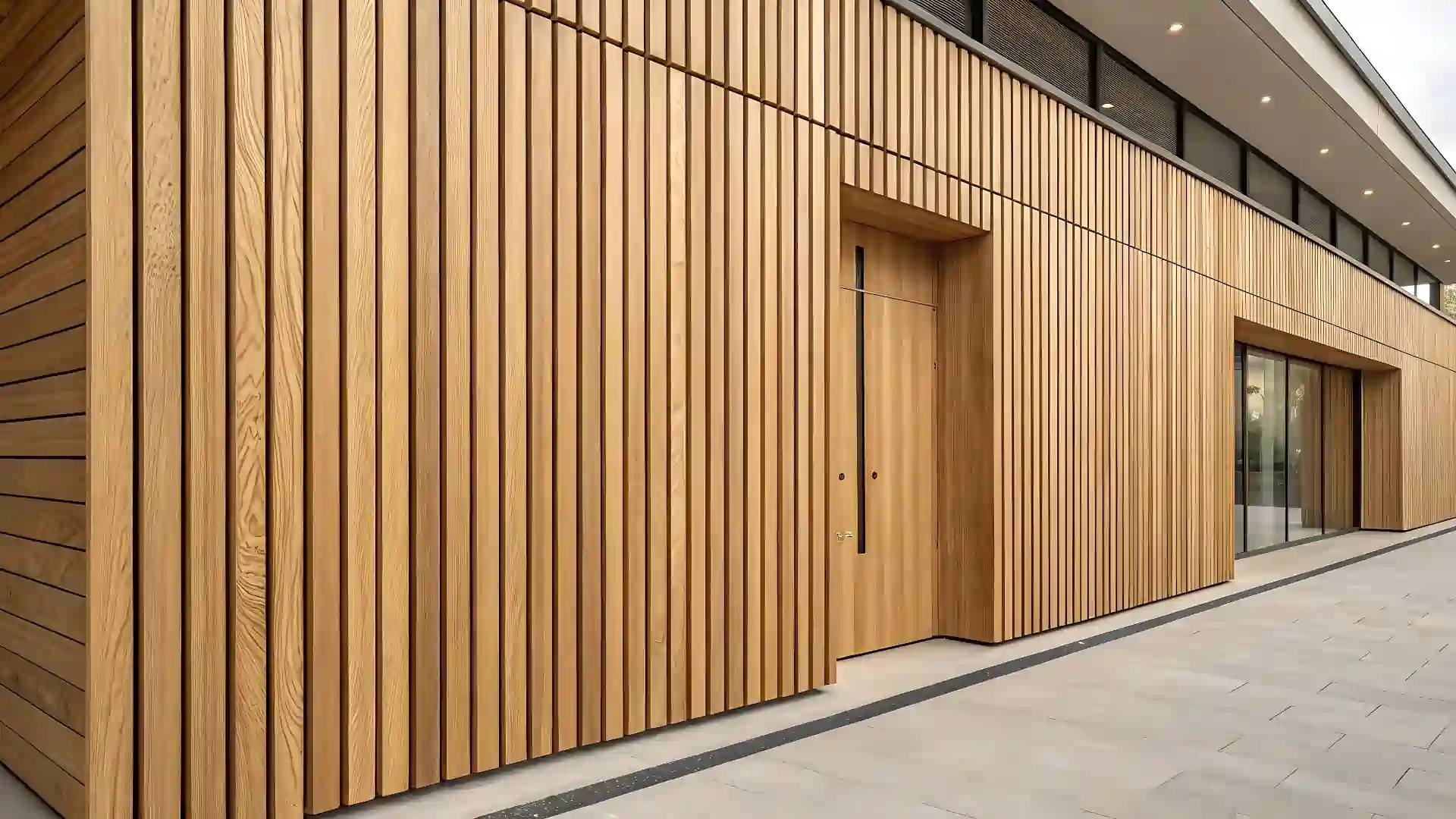 A side vide of a house with natural wood siding, and a small elegant wooden door