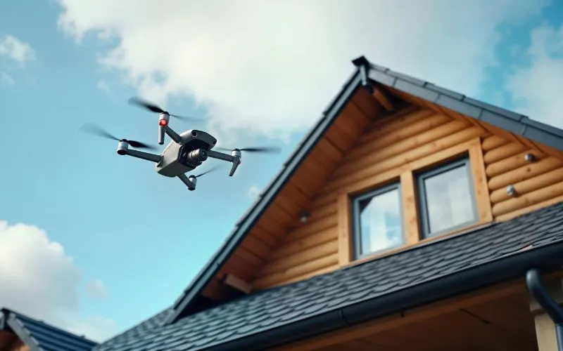 A drone flying in the air, with a wood sided house in the background
