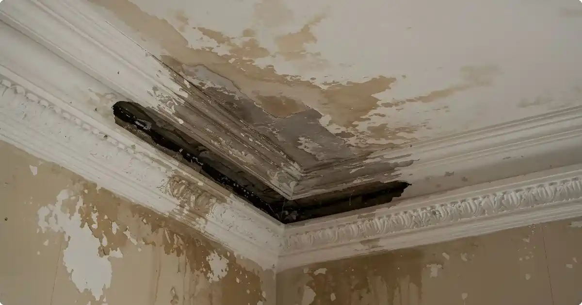 Corner of room with brown yellow water stains, dark green grime, on a white wall