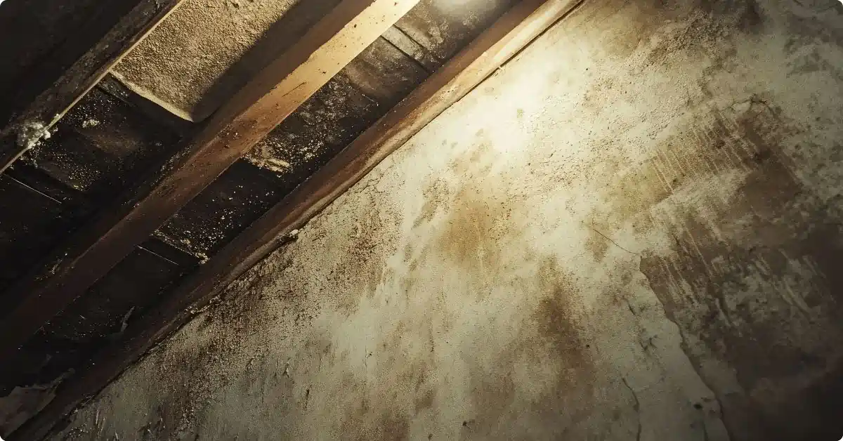 A dark damp room with a yellow light shining on a wall and ceiling covered with moss and mildew