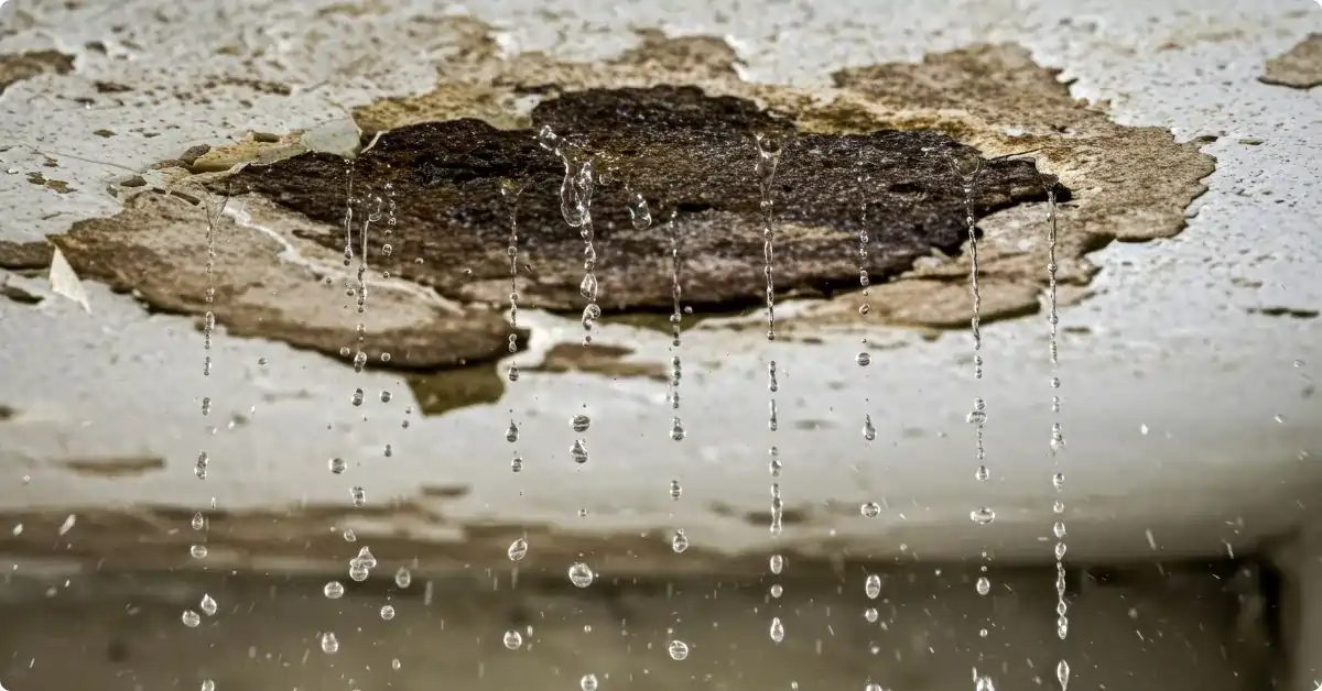 White ceiling with chipped paint and water pouring from it in streams