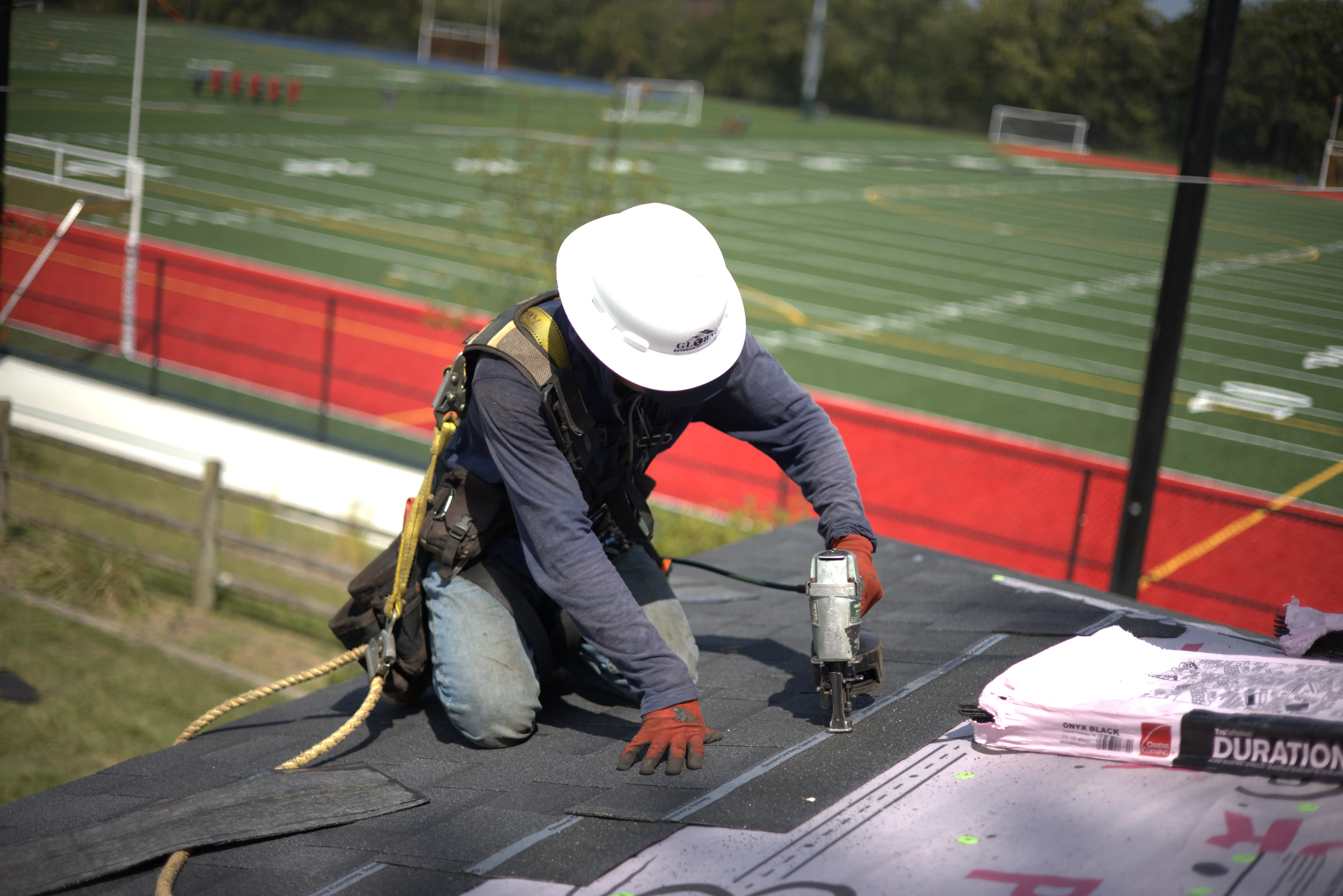Global Exterior Expert Roofer With Full Harness System on While Installing Residential Roof With Shingles