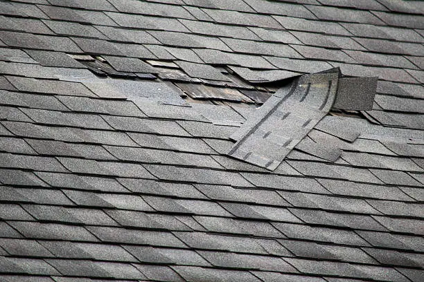 Missing Shingle on residential roof exposing the decking below it.