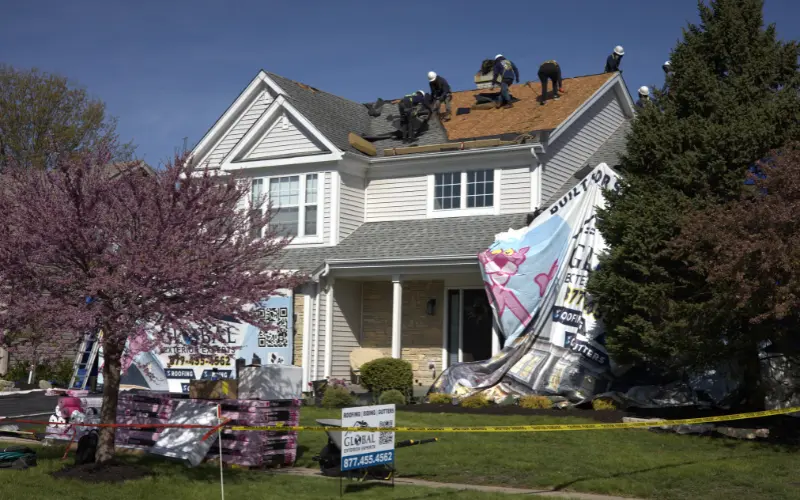 Roofers Tearing Off Residential Roof To Install A New One