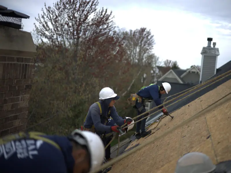 Roofers Taking Out Nails During Residential Roof Replacement