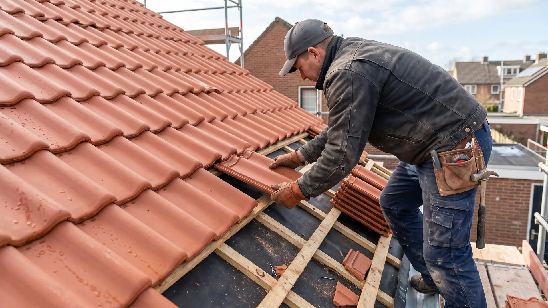 roofer a installing spanish clay tile roof on residential home