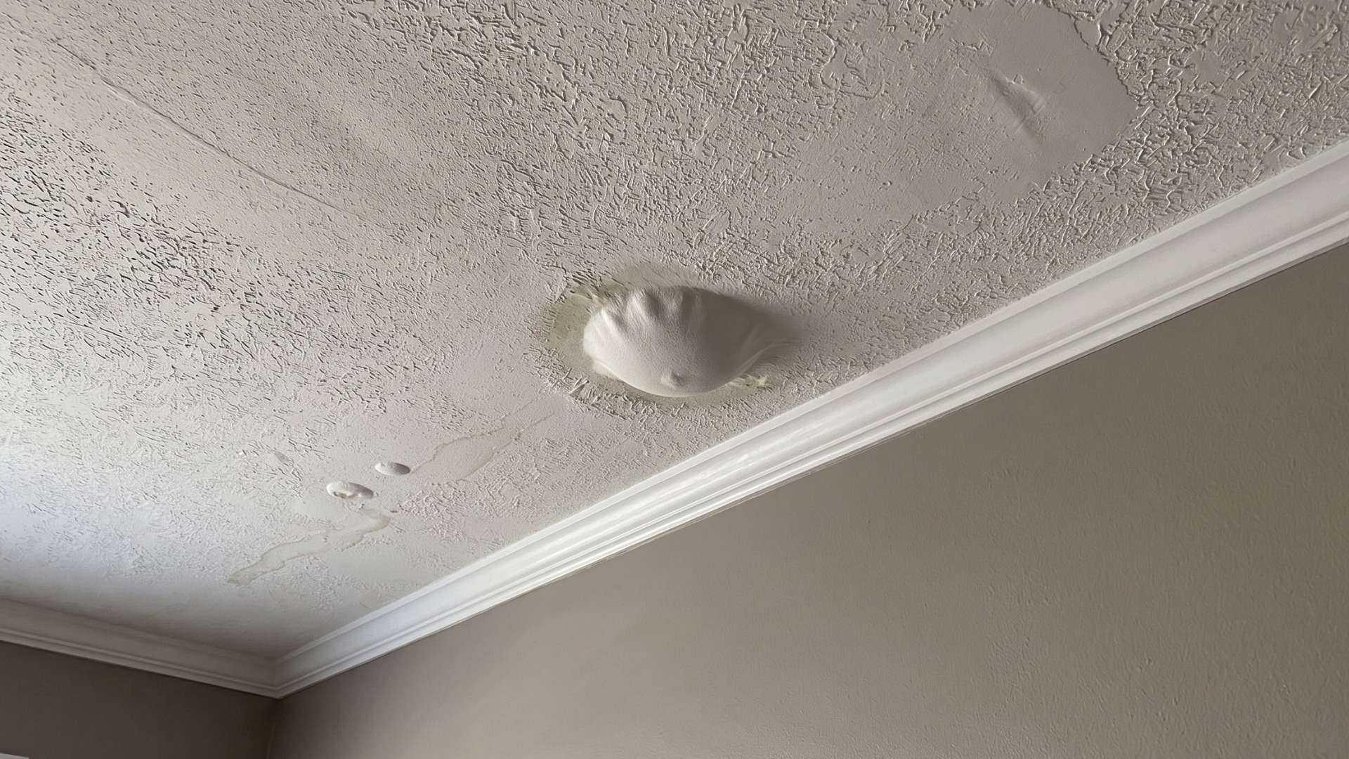Ceiling Paint Bubble on top floor due to roof leak
