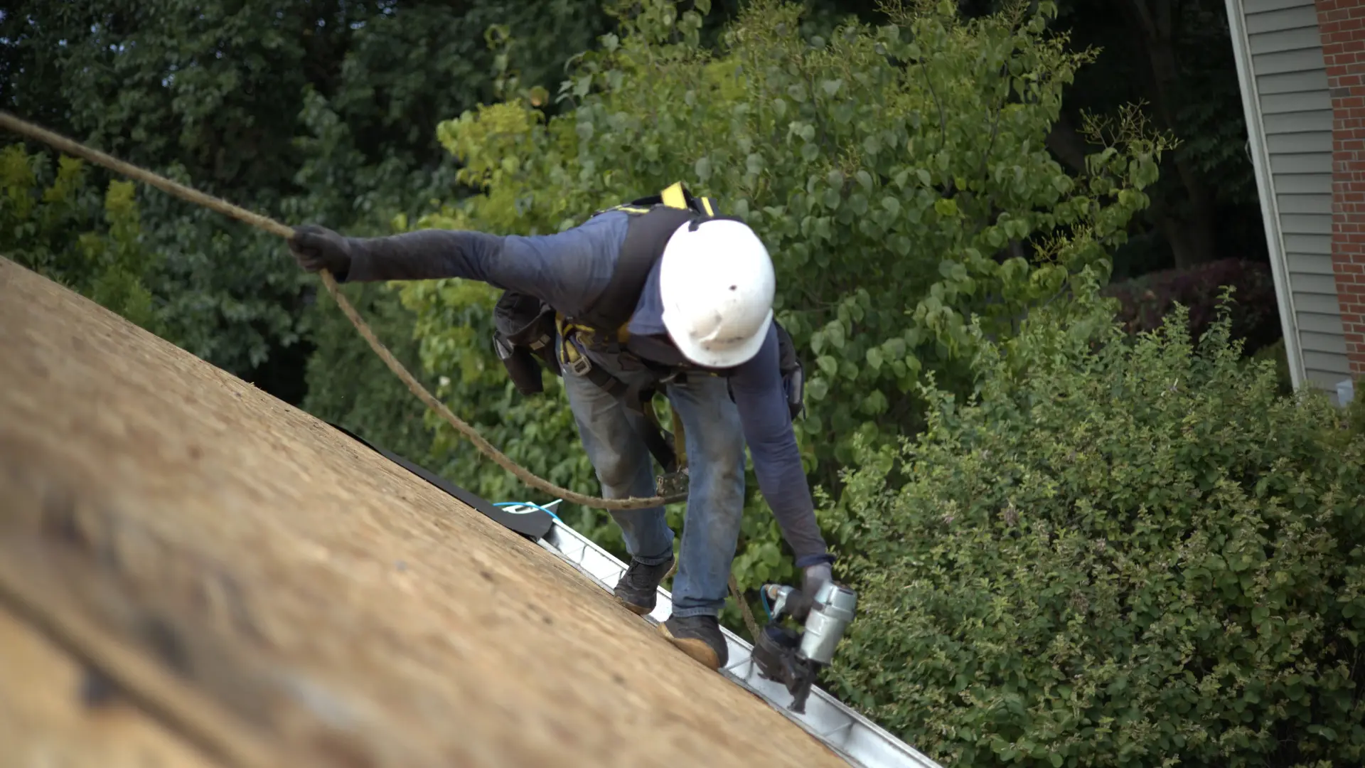 Roofer Nailing Eve With Nail Gun
