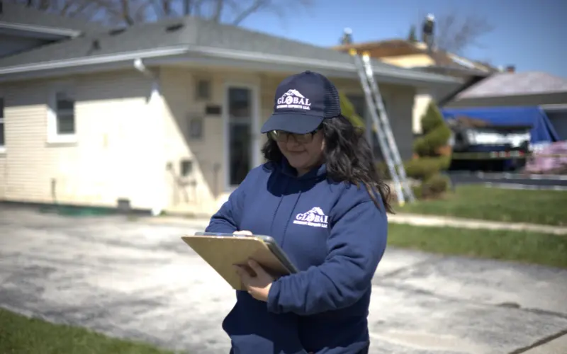 Global Exterior Experts Team Member doing roof inspection from ipad