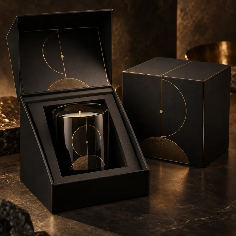 Black rigid candle box with gold foil design and a fitted candle insert