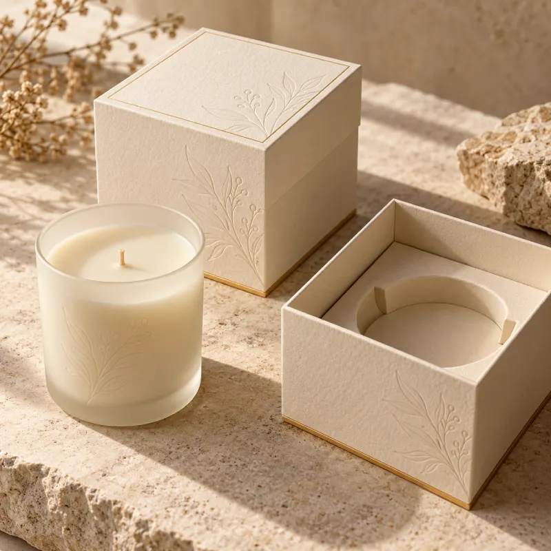 Custom cream candle box with embossed botanical design and a fitted candle insert