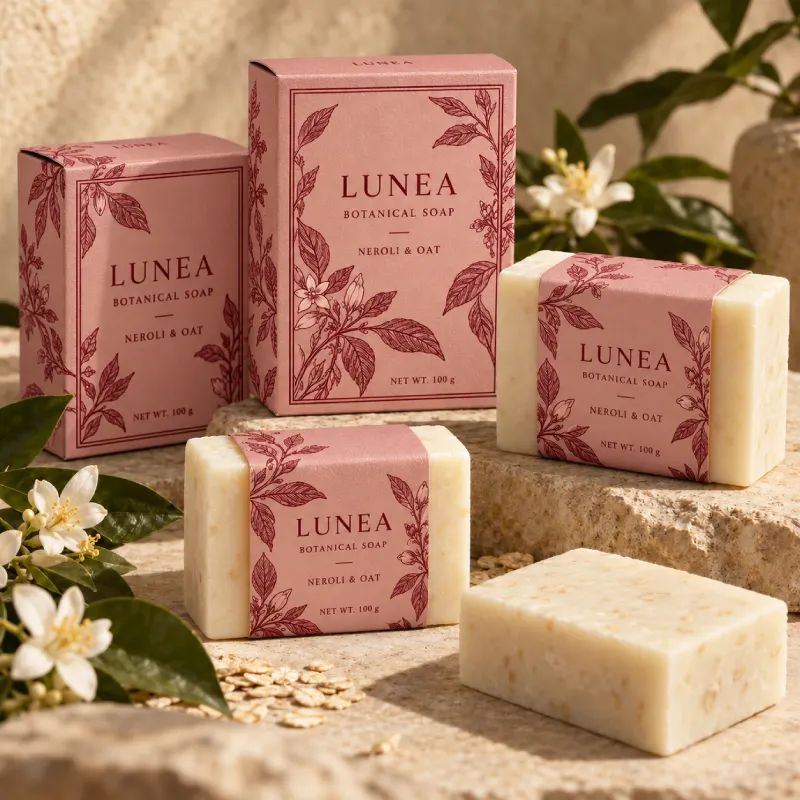 Custom printed soap boxes and belly band soap sleeves for botanical bar soap