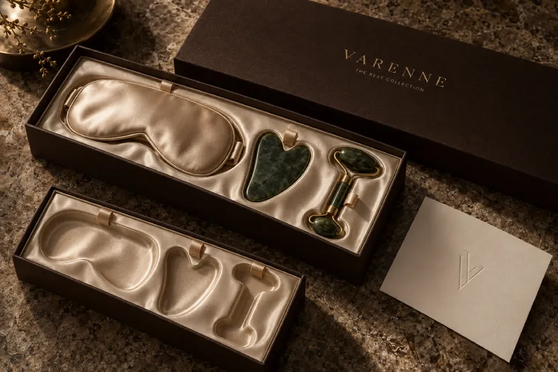 Die-cut insert holding skincare products in a PR kit