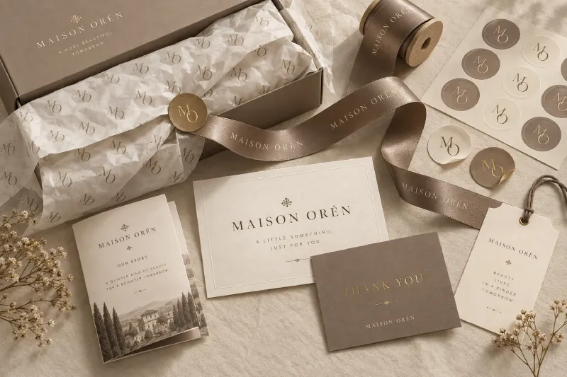 Custom tissue paper, stickers and cards in a PR box