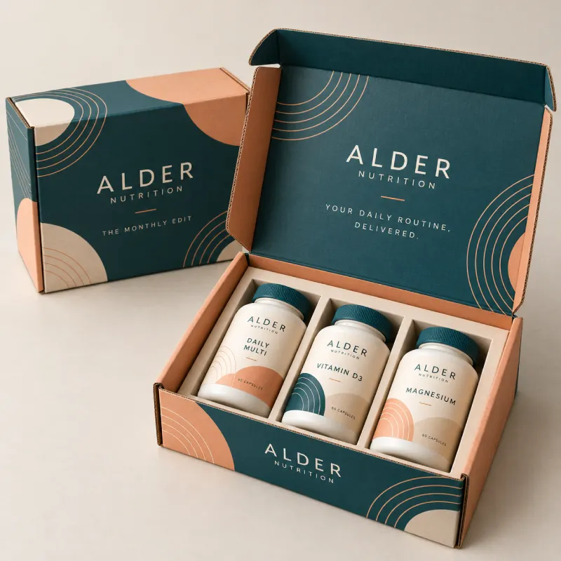 Custom printed supplement box and vitamin bottle packaging