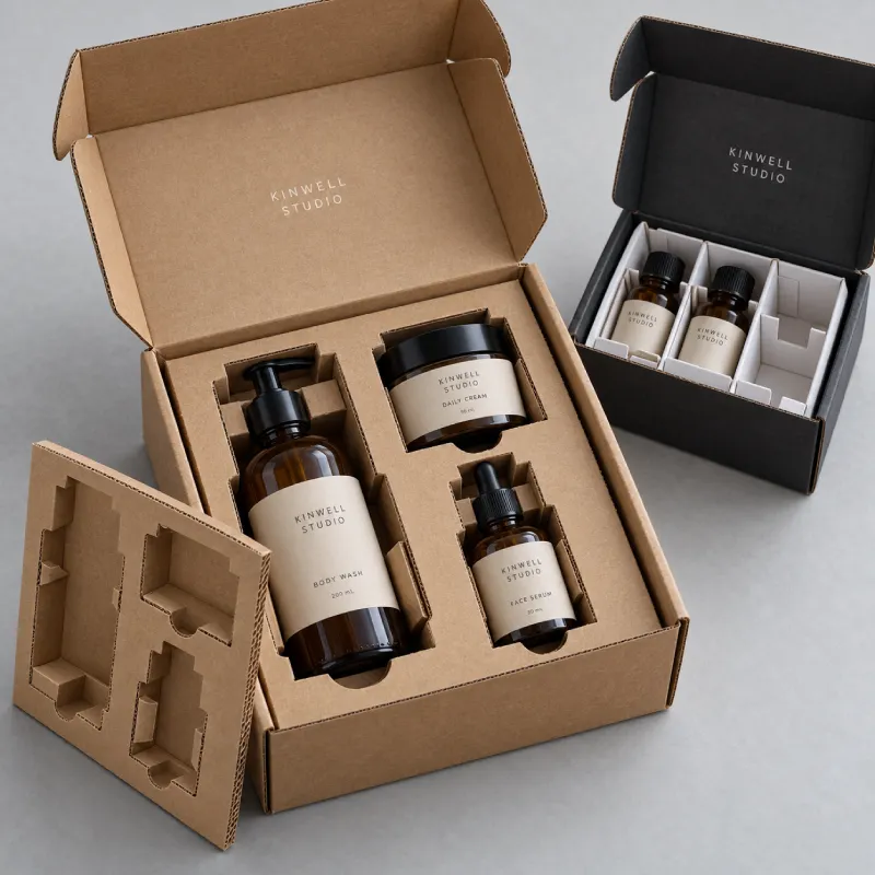 Custom paperboard insert holding bottles in a subscription box