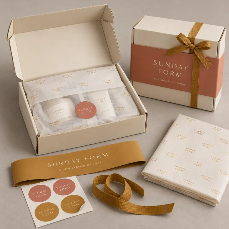Custom tissue paper, belly band and stickers in a gift box