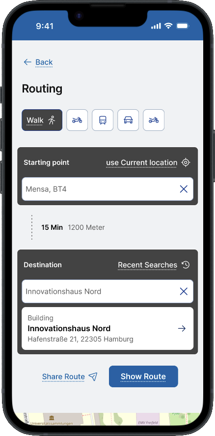 Screenshot von "a11y maps" auf einem Smartphone. Die App zeigt eine mit "Routing" betitelte Ansicht mit Symbol-Schaltflächen für Gehen, Radfahren, Bus, Auto und Radfahren. Darunter sind Eingabefelder für "Starting point" und "Destination". Zwischen den Feldern ist die Angabe "15 Min. 1200 Meter". Unten gibt es eine blaue Schaltfläche "Show Route" und daneben der Text "Share Route".